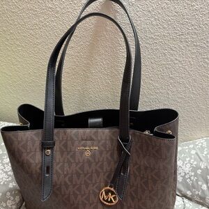Elegant Brown and Black Structured Tote with Gold Accent